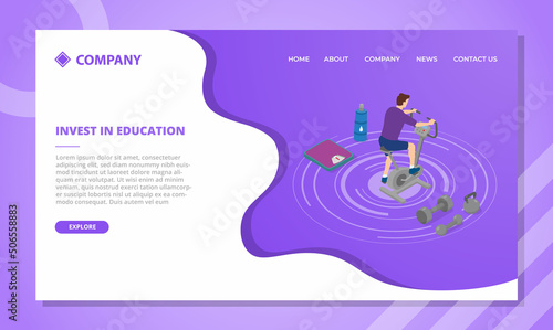 man sports with stationary bike concept for website template or landing homepage with isometric style