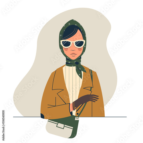 Cute cartoon stylish lady with a sunglasses and handbag.