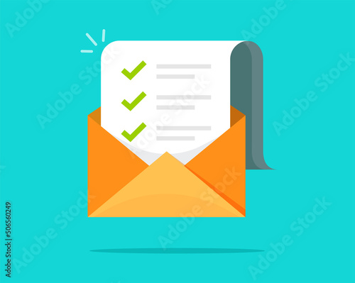 Mail email check list icon vector or exam checklist marks in digital envelope open flat cartoon illustration, idea of newsletter marketing campaign with ticks selected, electronic vote concept image