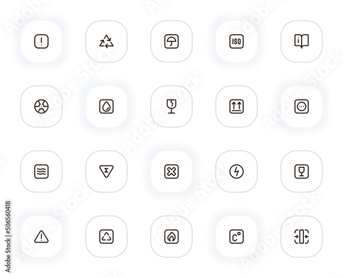 Package line icons set. Information, recycling, keep dry, iso, fragile, open here, flammable tags. Vector outline pictograms for web and ui, ux mobile app design. Editable Stroke. 24x24 Pixel Perfect.