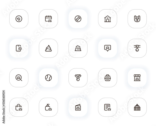 Pets and animals line icons set. Paw, bone, booth, cat, poop, food, collar, search, ball, medal. Vector outline pictograms for web and ui, ux mobile app design. Editable Stroke. 24x24 Pixel Perfect.