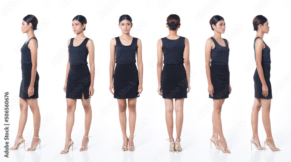 Collage Group Full length Figure snap of 20s Asian Woman black wrapped hair black vast short skirt