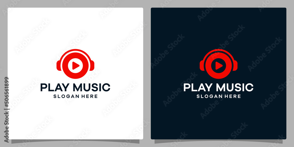 Logo design template Music. Logo headphone with play button. Premium vector