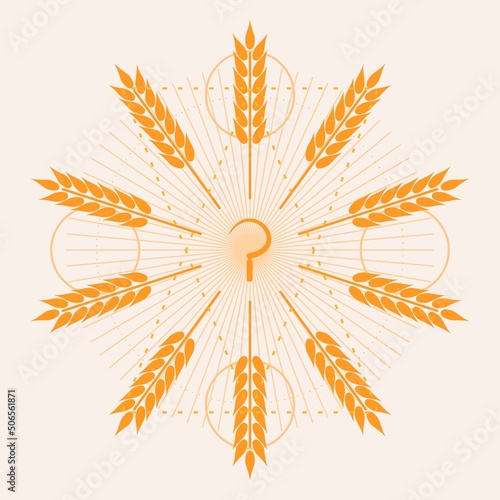 Sickle agricultural tool in the circle of ripe wheat radial rays. Agricultural emblem