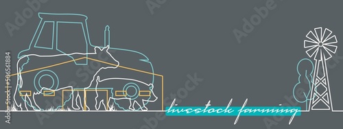 Overlayed outline icons of tree, barn, tractor and farm animals. Ecologically clean area. Village in the summer. Thin line style illustration or background for eco products. Livestock farming text.