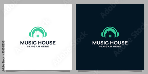 Logo design template Music. Logo headphone with house building. Premium vector