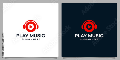 Logo design template Music. Logo headphone with play button. Premium vector