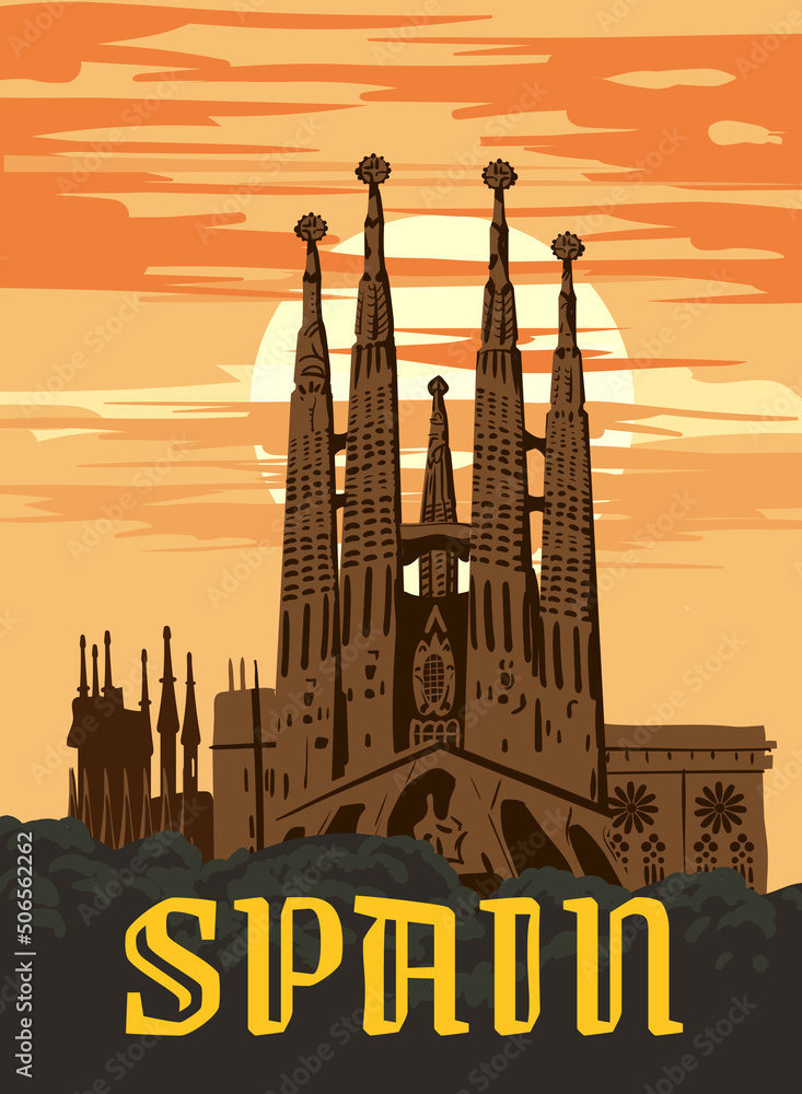 Travel Poster Spain, Barcelona Vintage. Sagrada Familia Gaudi Basilica of Spain, sunset sky. Vector illustration