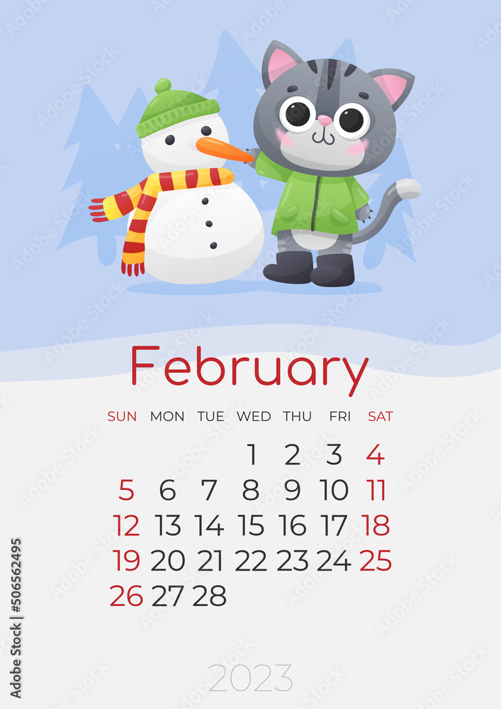 Calendar of 2023 year, February, poster with cute gray kitty in green jacket with snowman in red-yellow scarf, green cap and trees. Vector illustration for postcard, banner, web, design, arts. Calendar of 2023 year, February, poster with cute gray kitty in green jacket with snowman in red-yellow scarf, green cap and trees. Vector illustration for postcard, banner, web, design, arts.