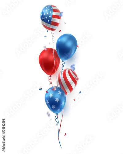 Bouquet, bunch of realistic balloons in American, USA color and ribbons, serpentine, confetti. Vector illustration for card, party, design, flyer, poster, banner, web, advertising. 