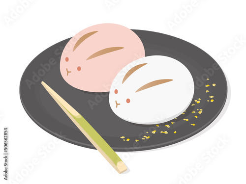 Vector illustration of traditional Japanese sweets - Wagashi, Nerikiri - in the shape of red and white rabbits.