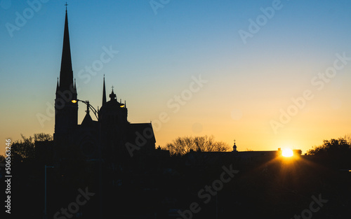 Silhouette of the Longueuil Cathedral at sunrise in Quebec  Canada