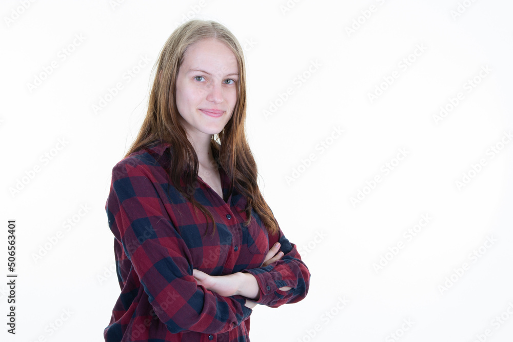 cheerful woman young trendy hipster long hair blond on white background cheerful woman young trendy hipster long hair blond on white background
