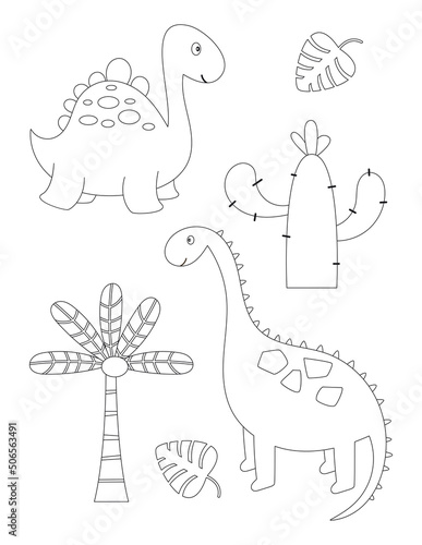 Dinosaurs coloring page printable for children. Preschool Space. Dinosaur, dino, palm tree, jungle plants, cactus. Coloring Book. Vector illustration.