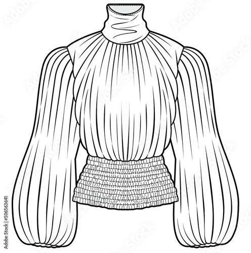 women puff long sleeve high neck blouse with ruching, shirring details fashion flat sketch vector illustration. cad mockup.