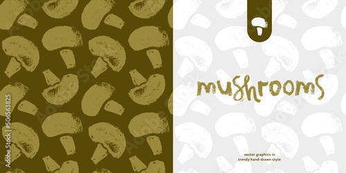 Vector banner template with mushrooms seamless pattern. Hand drawn mushroom ornament for packaging design. Label champignon, vegetable, vegan protein badge. Vegetarian food. Mushroom soup ingredients.