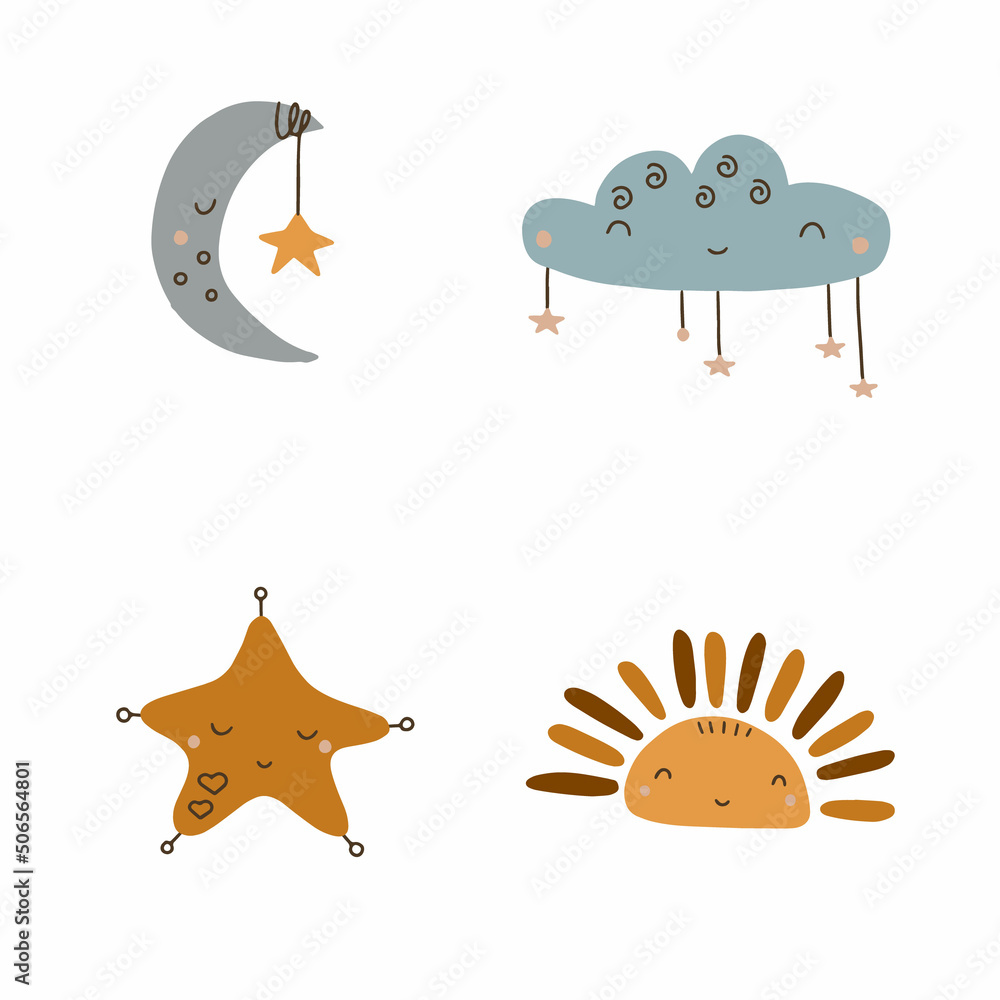 Vector hand drawn sky collection with cute moon, cloud, star, sun for nursery decoration. Perfect for baby shower, birthday, baby party, clothing prints, greeting cards