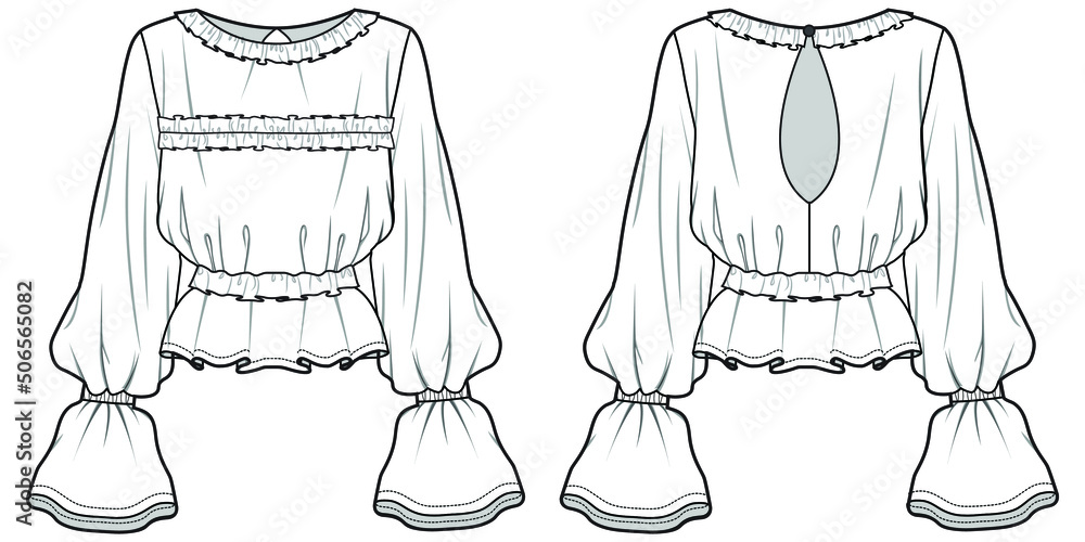 women ruffle blouse, puff long sleeve top with ruffle collar fashion