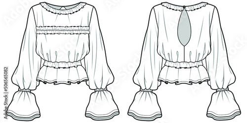 women ruffle blouse, puff long sleeve top with ruffle collar fashion flat sketch vector illustration front and back apparel template. cad mockup.