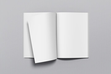 A4 magazine mockup top view, book or catalog on gray table. Blank page or notepad on solid background. Blank page or notepad for mockups or simulations.