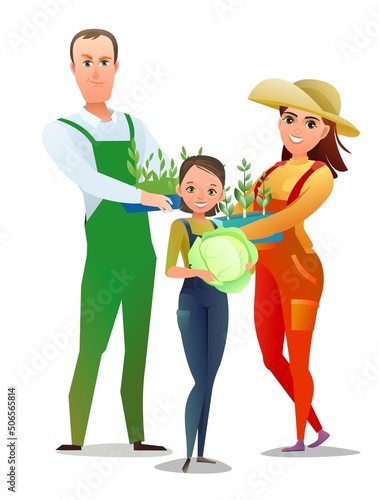 Man and woman and daughter villager farmer in overalls. Agricultural worker. Cheerful person. Standing pose. Cartoon comic style. Illustration isolated white background. Vector