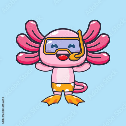 Cute diving axolotl cartoon mascot character illustration