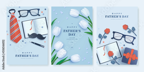 Fototapeta Set of Father's Day poster or banner template with necktie, moustache, notebook,