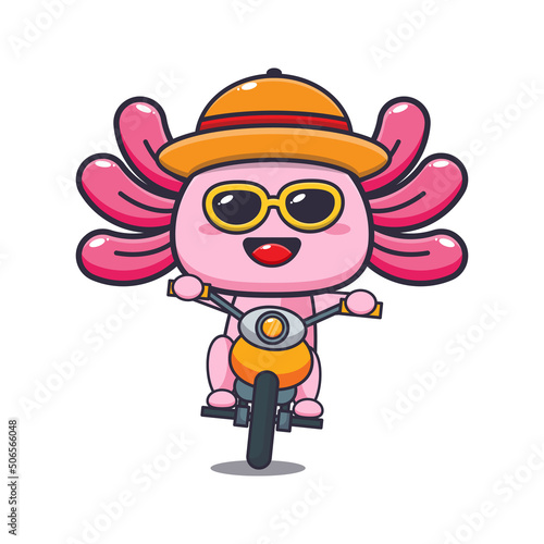 Cool axolotl cartoon mascot character ride motocycle in summer day