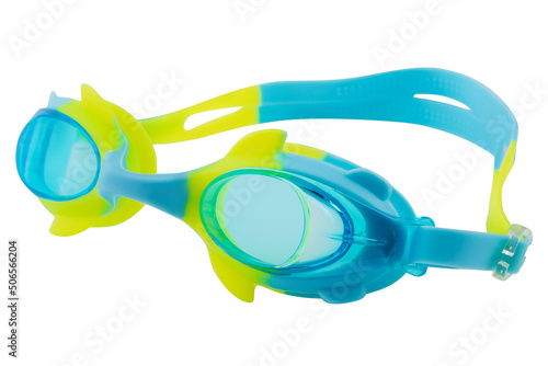 blue-yellow children's goggles for swimming in the pool or in open water, on a white background