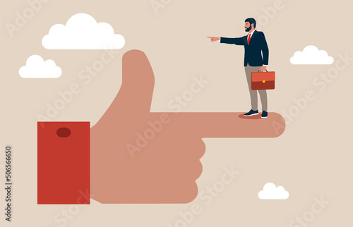 Tiny businessman standing on giant hand pointing in opposite direction. Employee conflict direction, argument between coworker, different thought, disagreement or opposite way, decision issue concept.