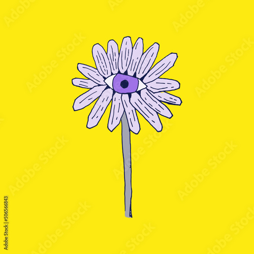 Ilustración de flor con un ojo estilo animado y abstracto en fondo amarillo  