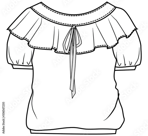 women ruffled lace top, short sleeve blouse with front bow detail apparel flat sketch vector illustration. cad mockup. isolated on white background.