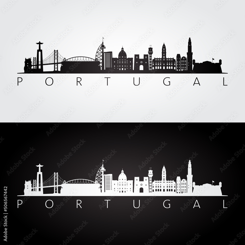 Naklejka premium Portugal skyline and landmarks silhouette, black and white design, vector illustration.
