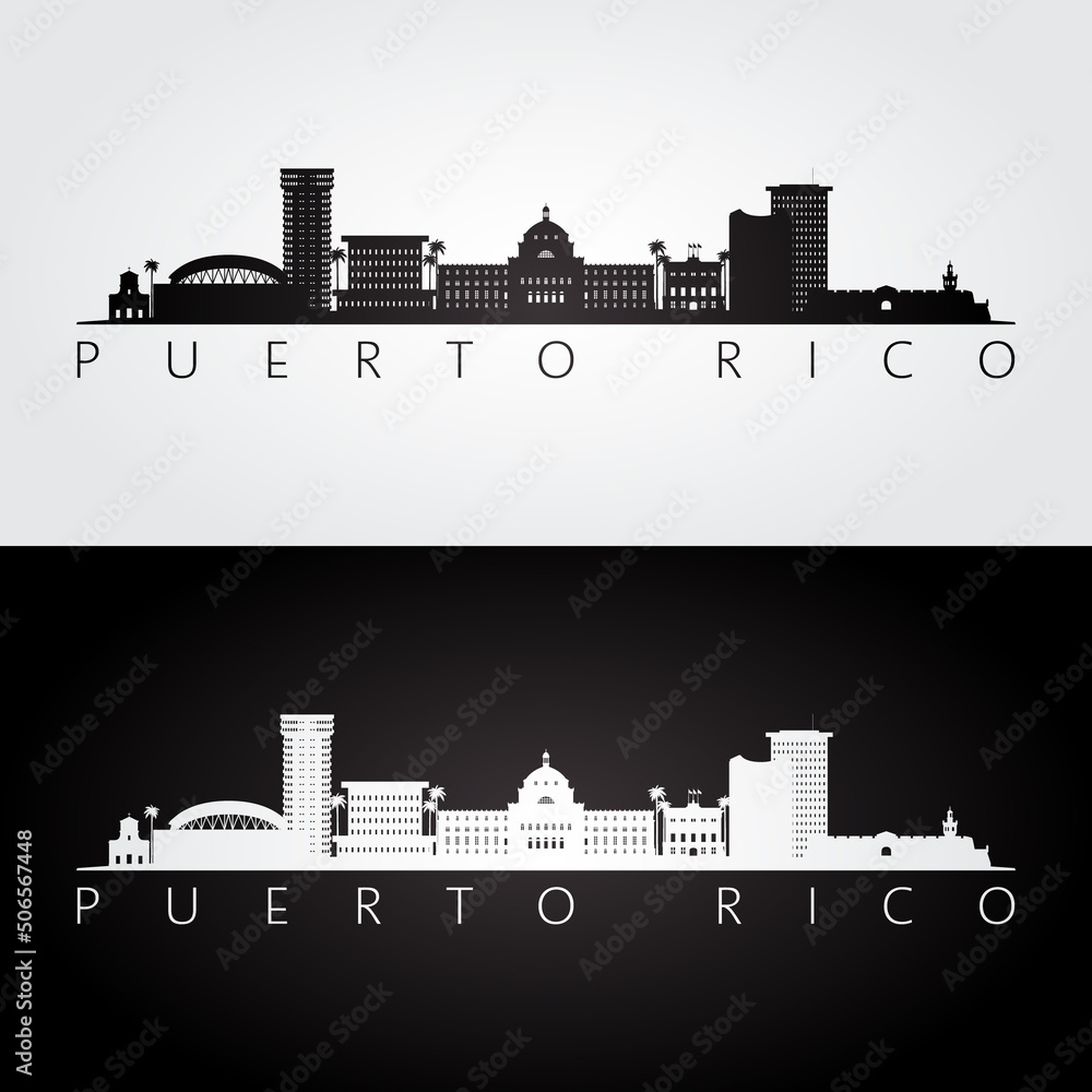 Puerto Rico skyline and landmarks silhouette, black and white design, vector illustration.
