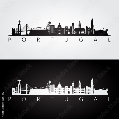 Portugal skyline and landmarks silhouette, black and white design, vector illustration.