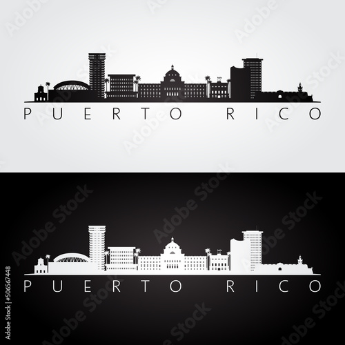 Puerto Rico skyline and landmarks silhouette, black and white design, vector illustration.
