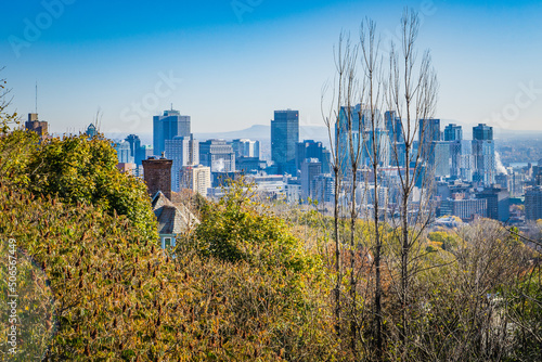 View on the skyline of Montreal on a clear fall day from the Summit Circle Belvedere in Westmount 