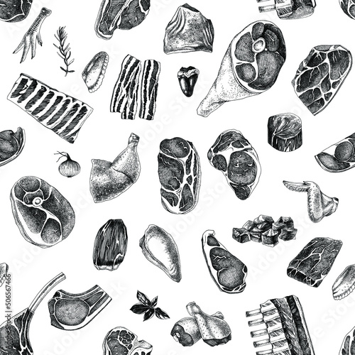 Seamless pattern with different meat products. Vector illustration made with clipping mask.