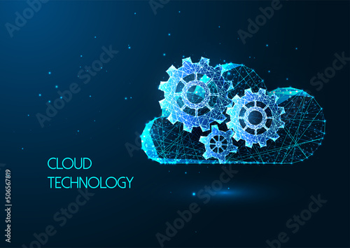 Futuristic cloud technologies, management concept with glowing low poly cloud and gears, cog wheels