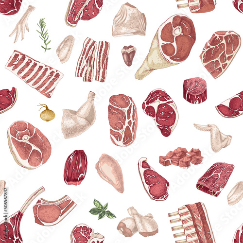 Seamless pattern with different meat products. Vector illustration made with clipping mask.