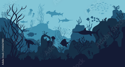 silhouette of coral reef with fish on blue sea background underwater vector illustration	 