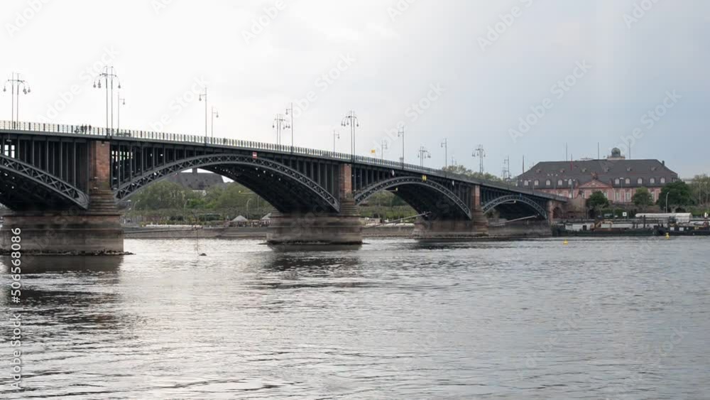 Theodor-Heuss bridge in Mainz, Germany on a cloudy spring day. Handheld side view from Mainz Kastel Theodor-Heuss bridge in Mainz, Germany on a cloudy spring day. Handheld side view from Mainz Kastel