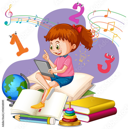 A girl reading books on a stack of books