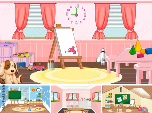 Set of different kindergarten classroom scenes