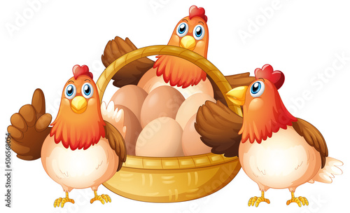 Chickens and eggs in basket