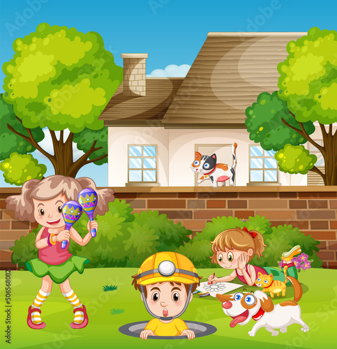 House scene with many kids