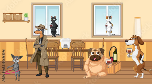 In house scene with dogs drinking wine