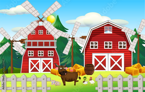 Animals in farm landscape