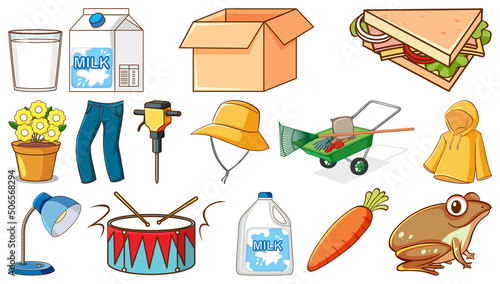 Cute animals and other items on white background