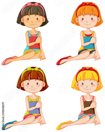 Set of beautiful girl cartoon character sitting and holding a book